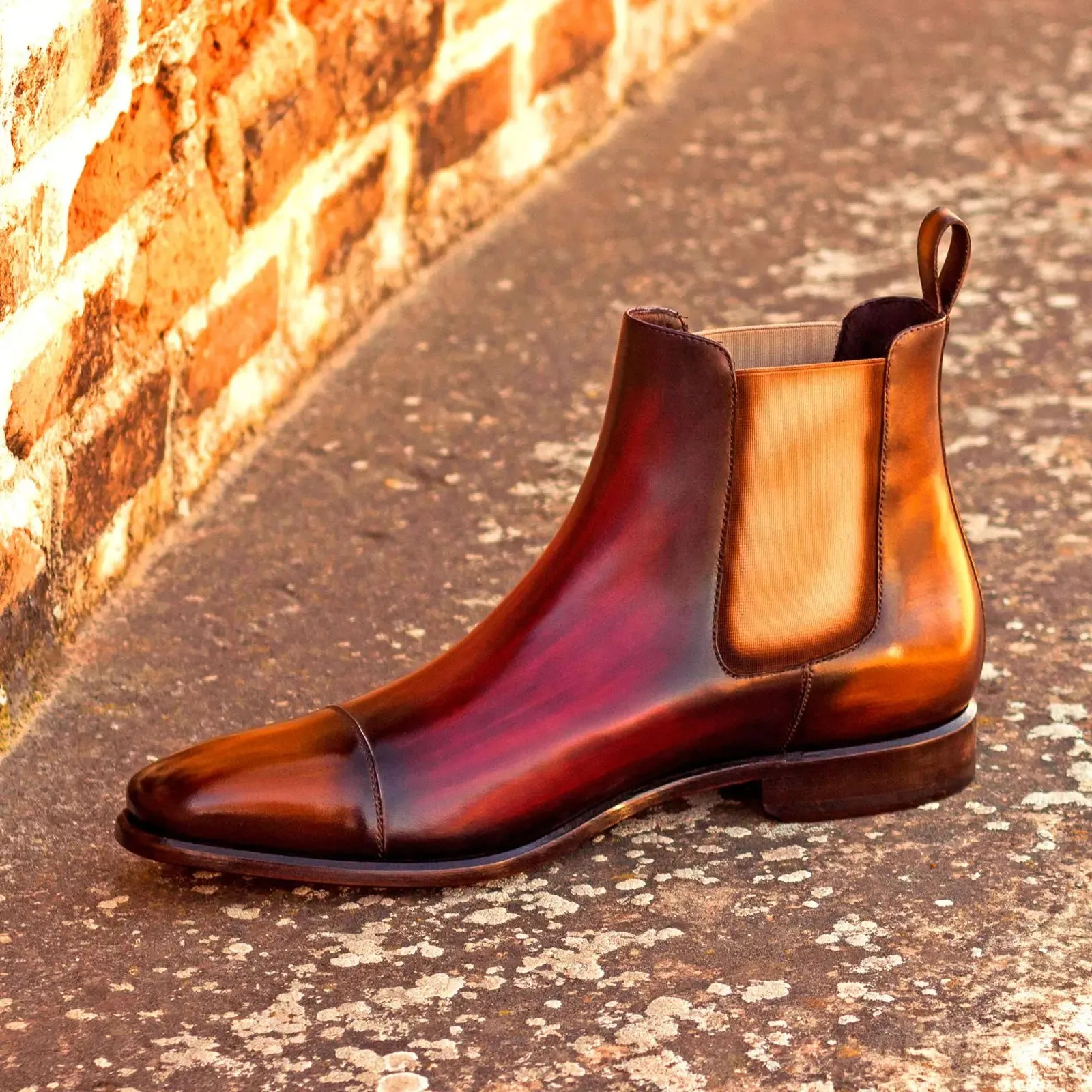 DapperFam Monza in Cognac / Burgundy Men's Hand-Painted Patina Chelsea Boot