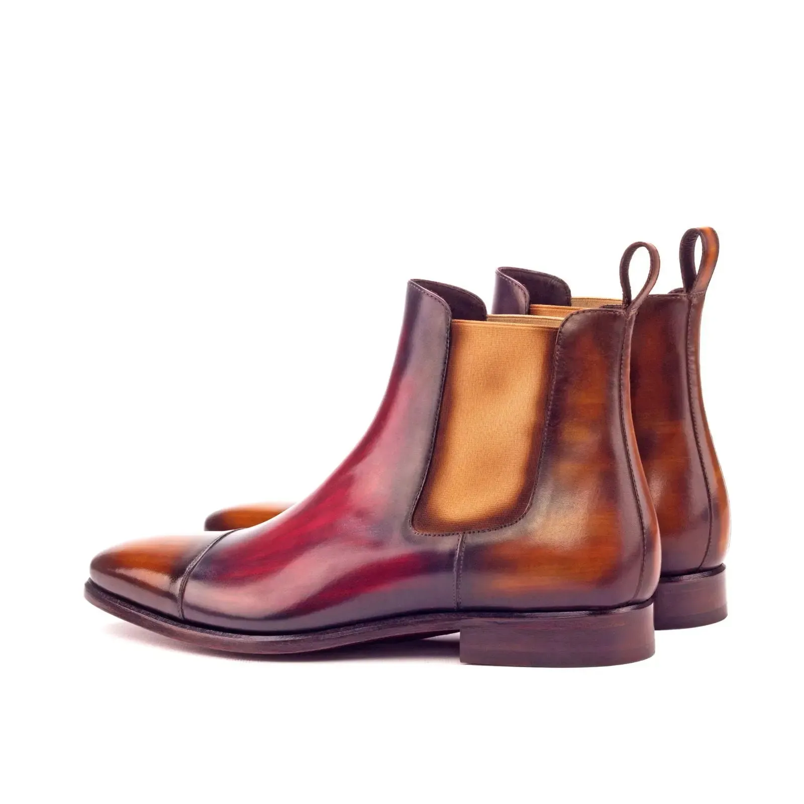 DapperFam Monza in Cognac / Burgundy Men's Hand-Painted Patina Chelsea Boot