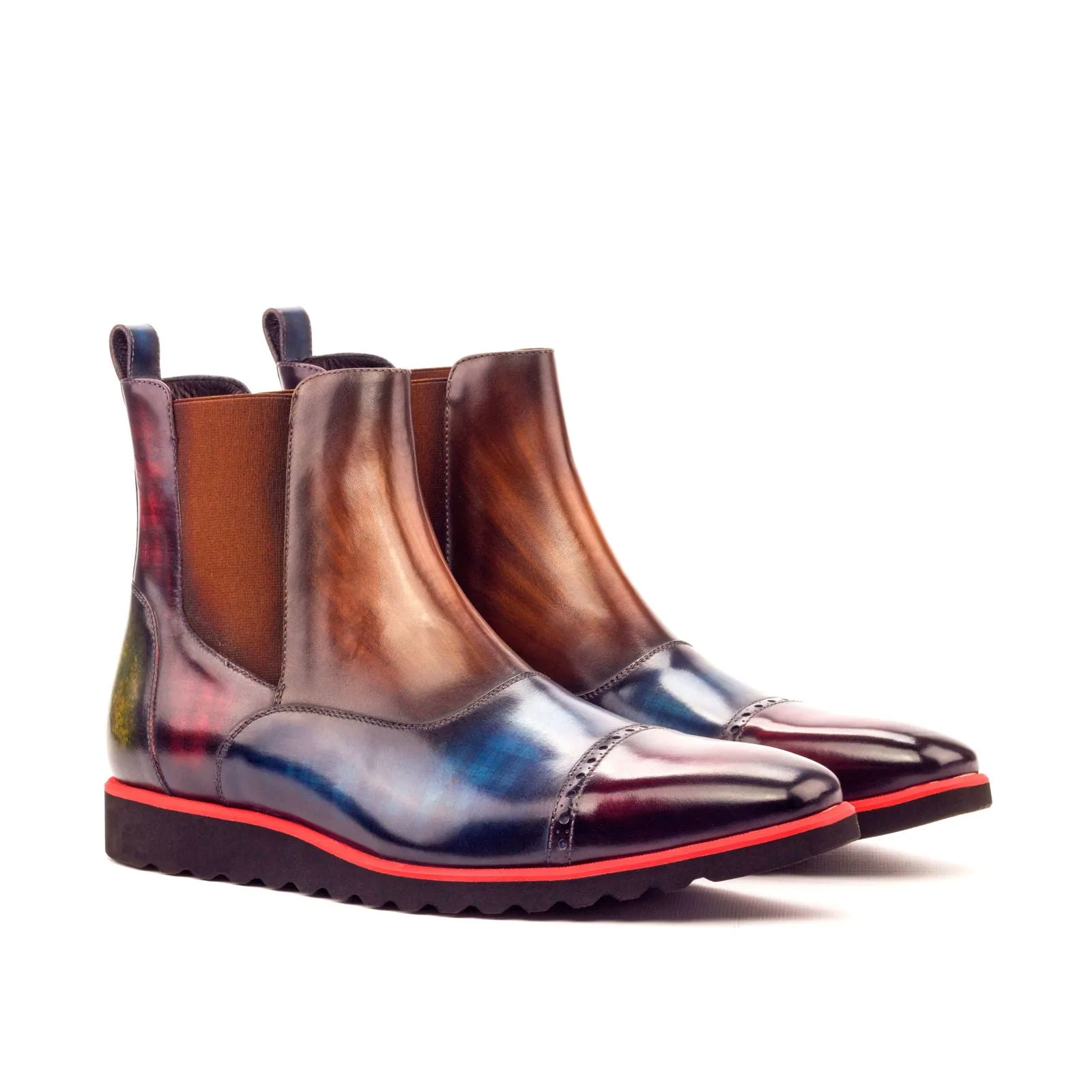 DapperFam Vesuvio in Denim / Burgundy / Khaki / Brown Men's Hand-Painted Patina Chelsea Multi Boot