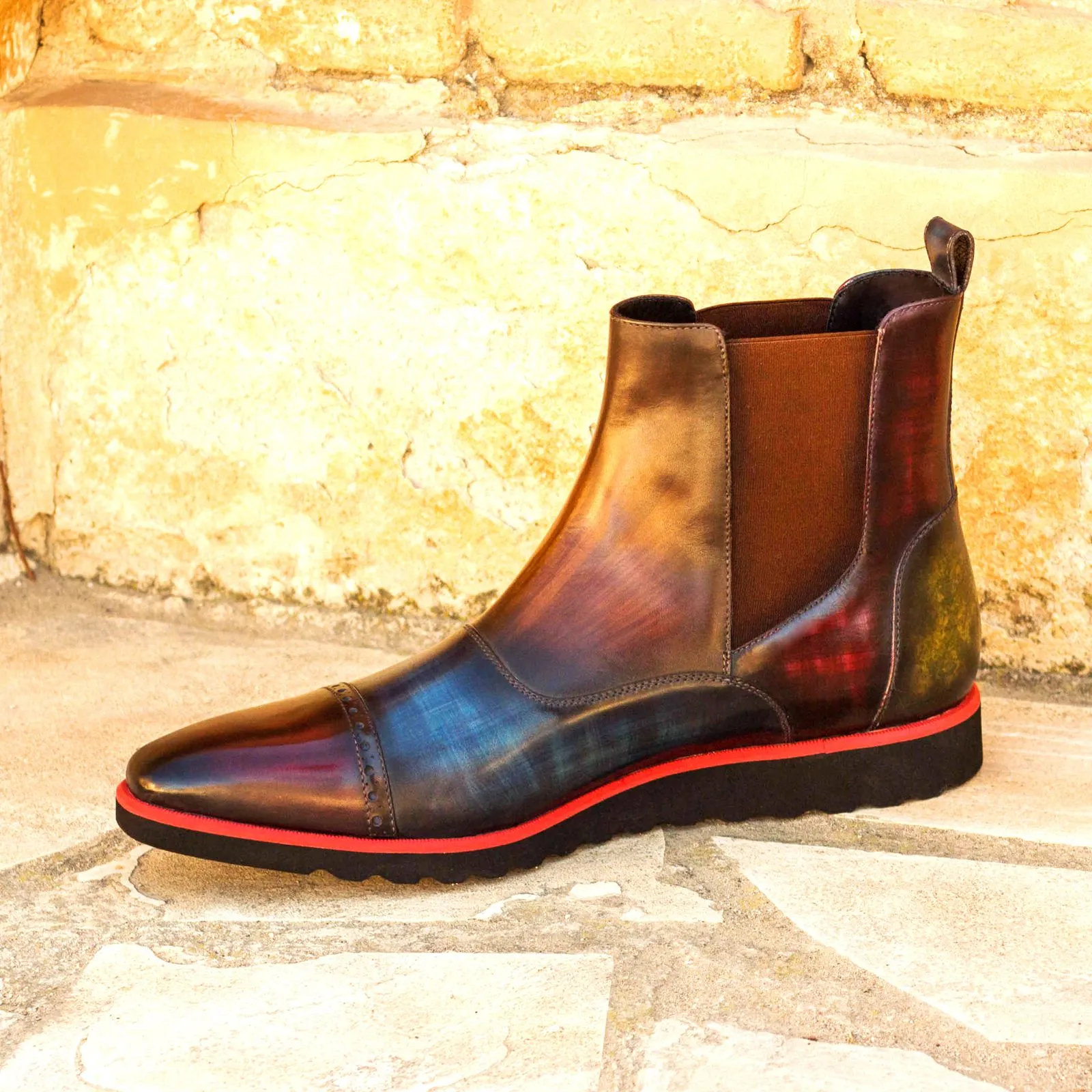 DapperFam Vesuvio in Denim / Burgundy / Khaki / Brown Men's Hand-Painted Patina Chelsea Multi Boot