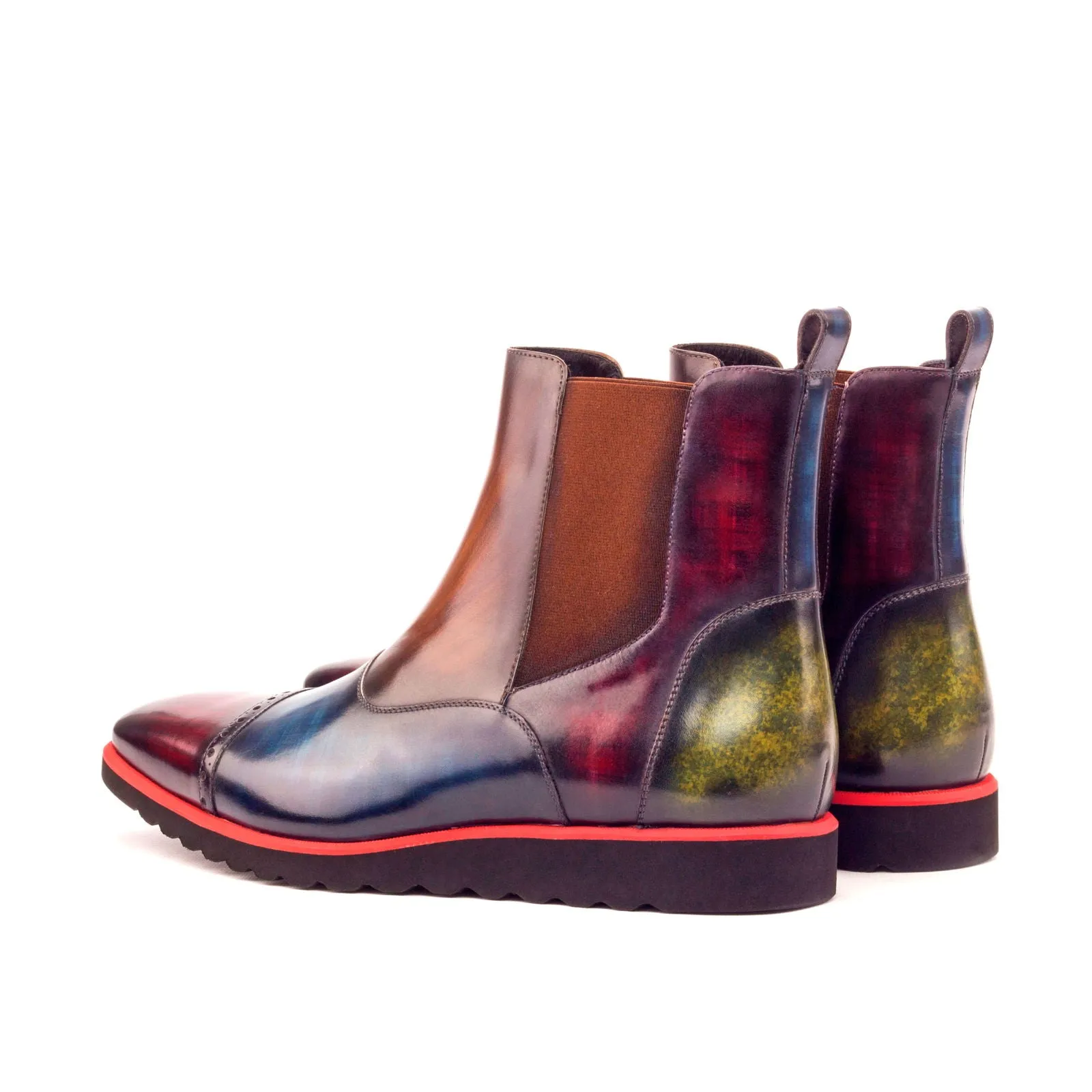 DapperFam Vesuvio in Denim / Burgundy / Khaki / Brown Men's Hand-Painted Patina Chelsea Multi Boot