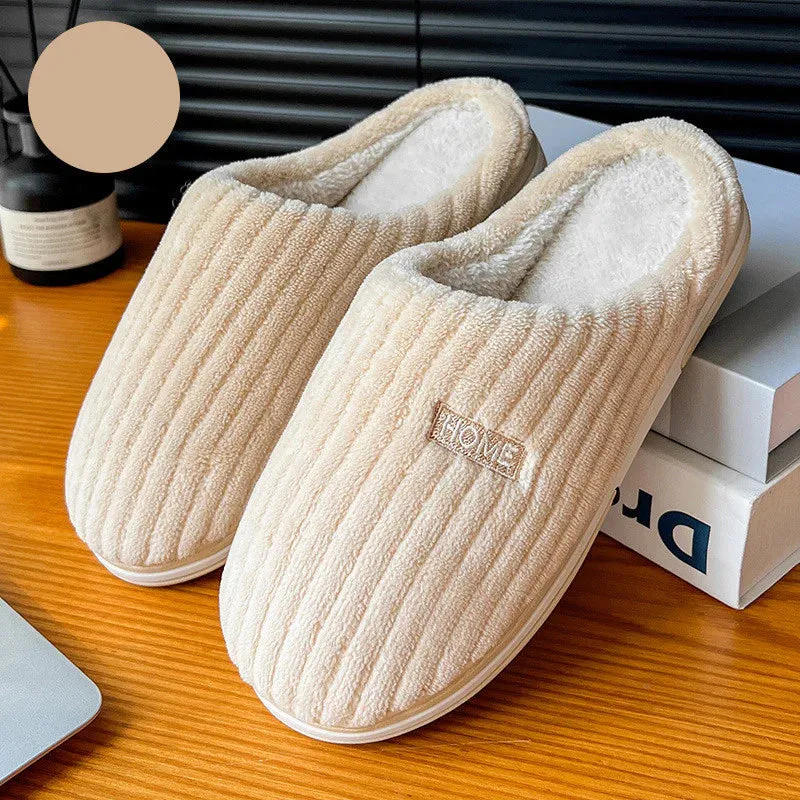 Elegant Solid Color Cotton Slippers for Winter - Non-Slip Plush Indoor Footwear for Couples and Women