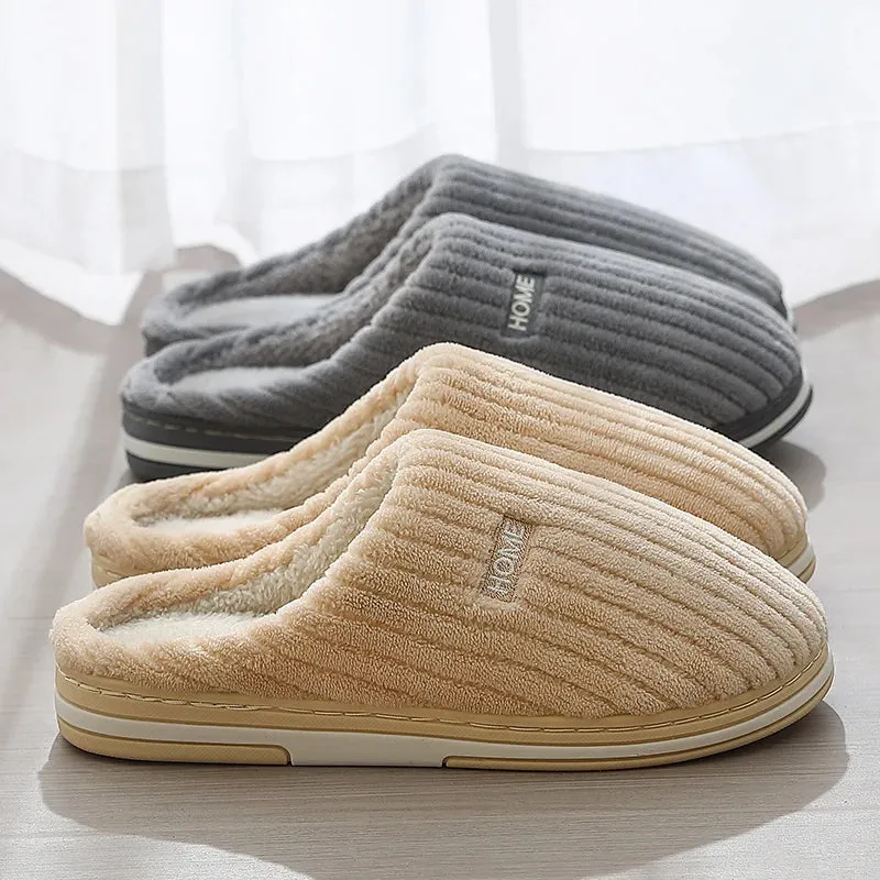 Elegant Solid Color Cotton Slippers for Winter - Non-Slip Plush Indoor Footwear for Couples and Women