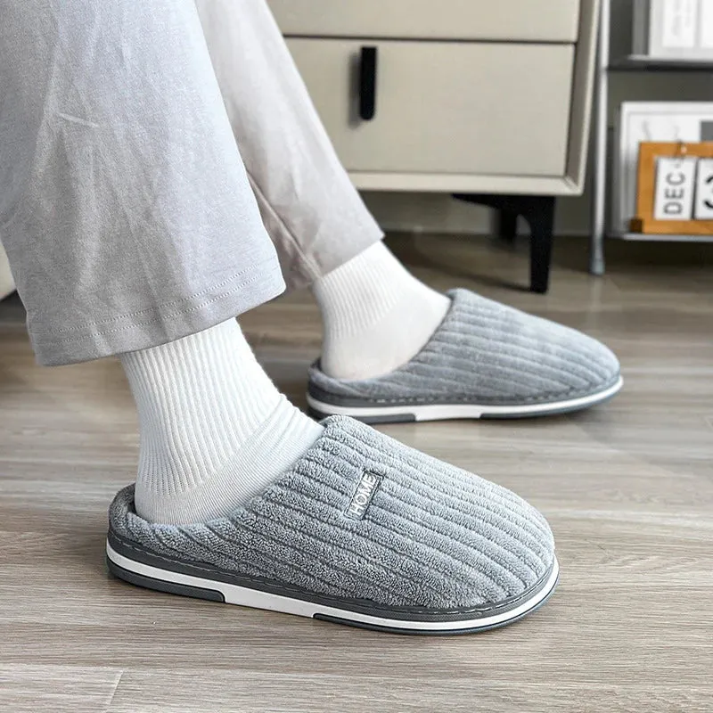 Elegant Solid Color Cotton Slippers for Winter - Non-Slip Plush Indoor Footwear for Couples and Women