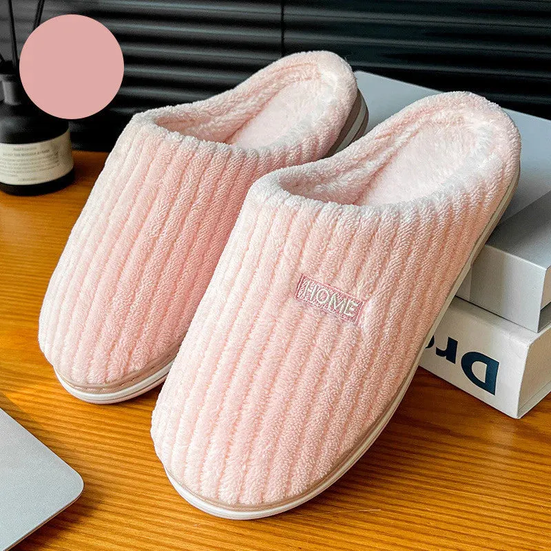 Elegant Solid Color Cotton Slippers for Winter - Non-Slip Plush Indoor Footwear for Couples and Women