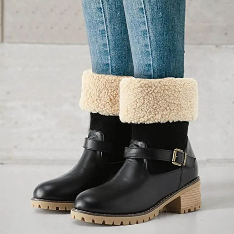 Fashion Boots With Buckle Chunky Heel Shoes Warm Winter Round Toe Western Boots For Women