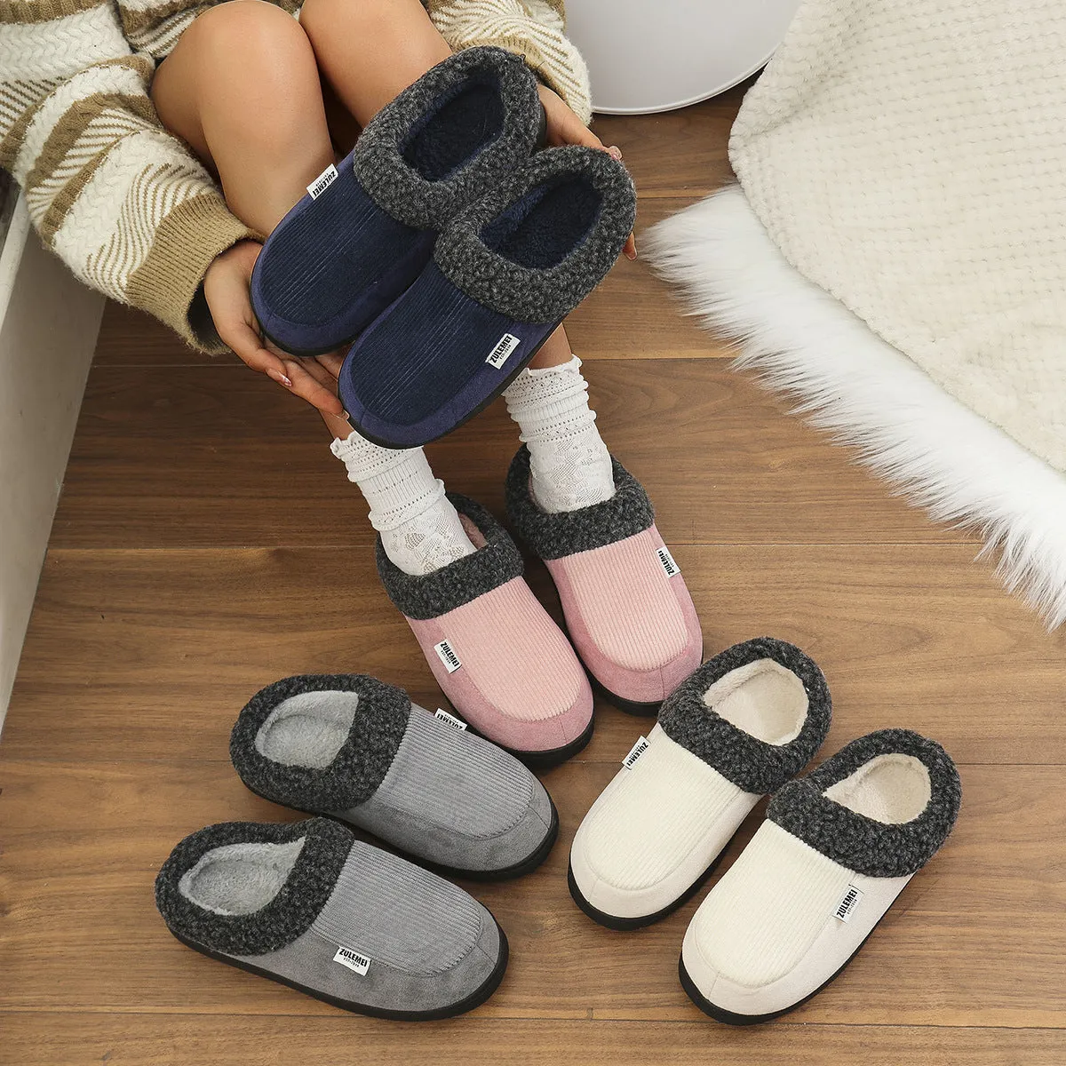 Fashion Solid Striped Cotton Slippers Winter Warm Indoor Bedroom Floor Slipper For Couples Non-slip Thick Sole House Shoes