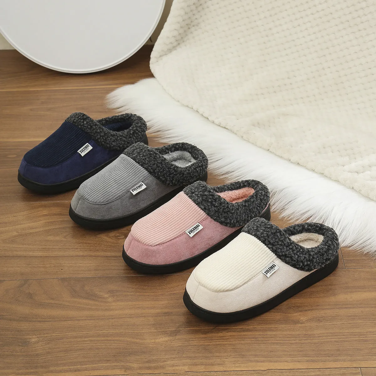 Fashion Solid Striped Cotton Slippers Winter Warm Indoor Bedroom Floor Slipper For Couples Non-slip Thick Sole House Shoes