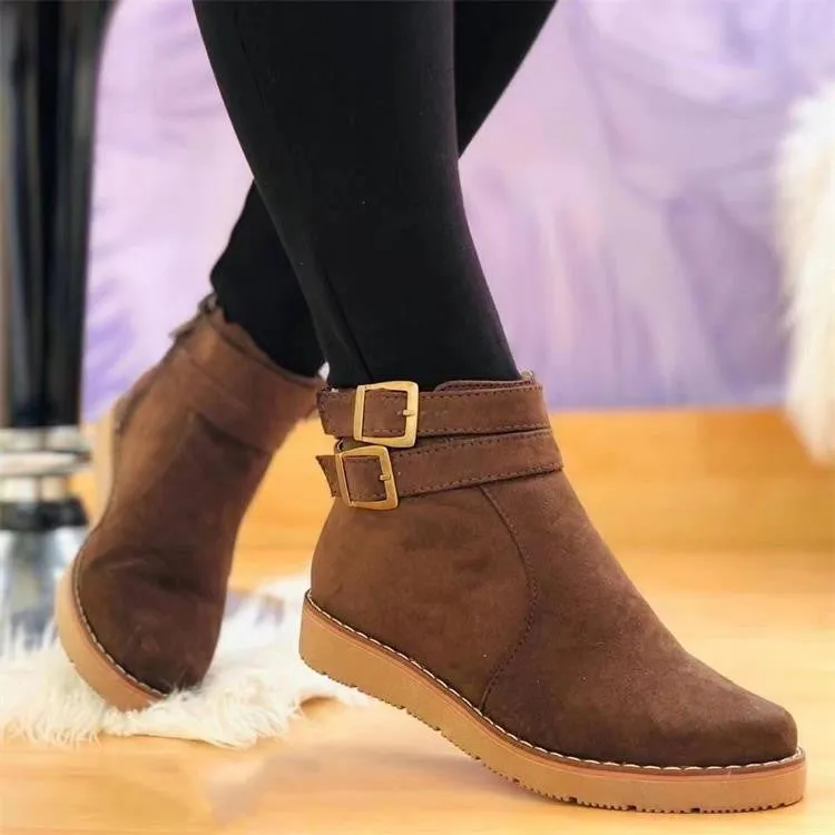 Faux suede flat ankle boots with side zipper