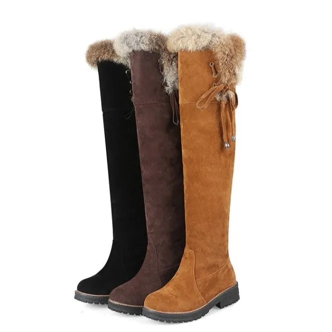 Faux suede plush lined over the knee boots with fuzzy trim