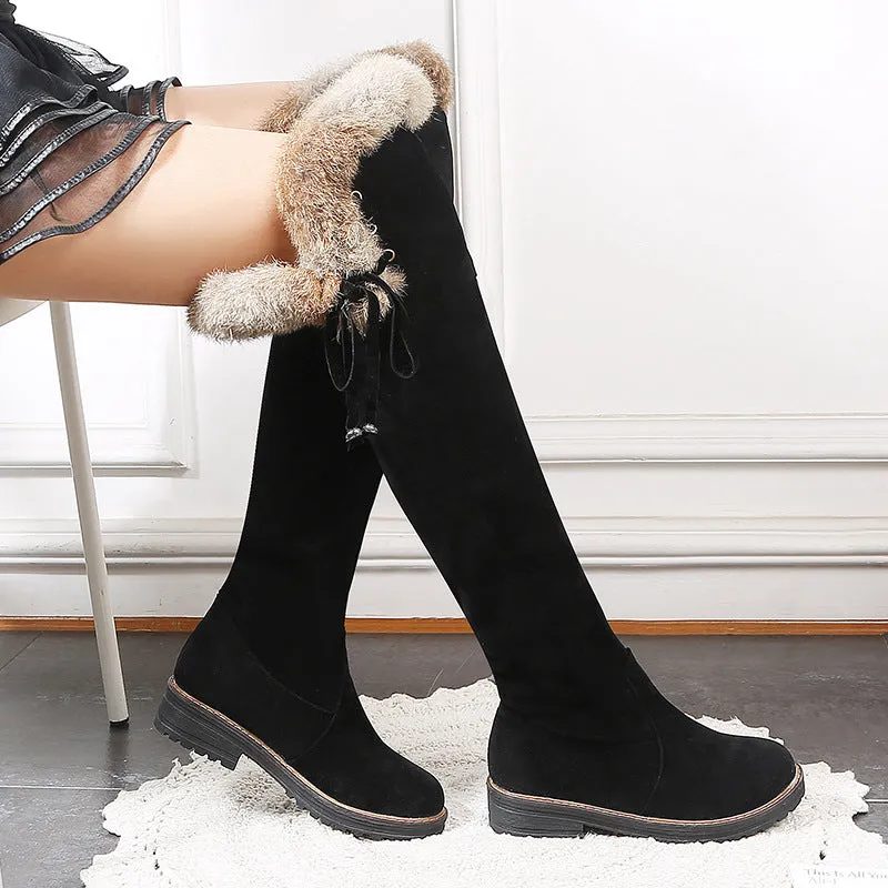 Faux suede plush lined over the knee boots with fuzzy trim