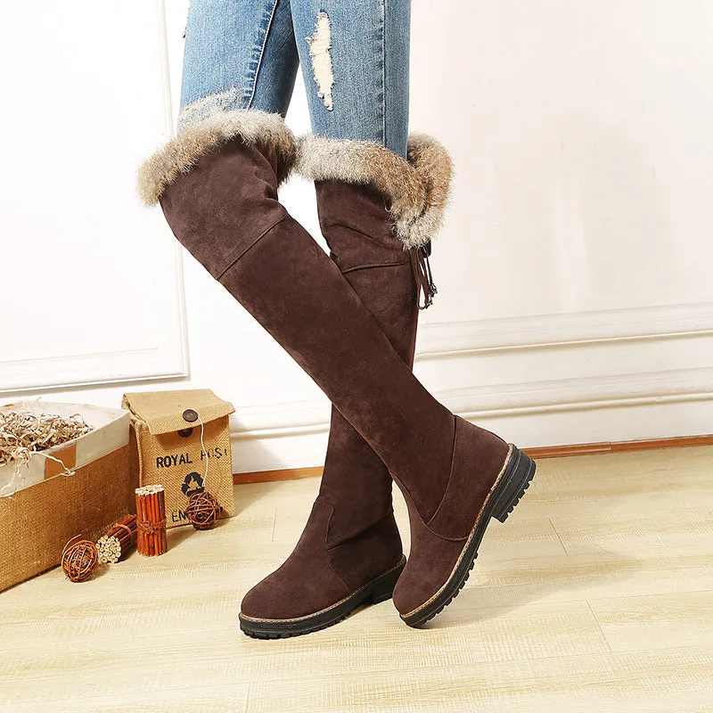 Faux suede plush lined over the knee boots with fuzzy trim