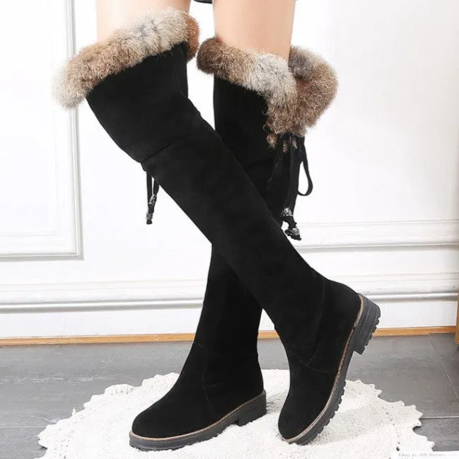 Faux suede plush lined over the knee boots with fuzzy trim