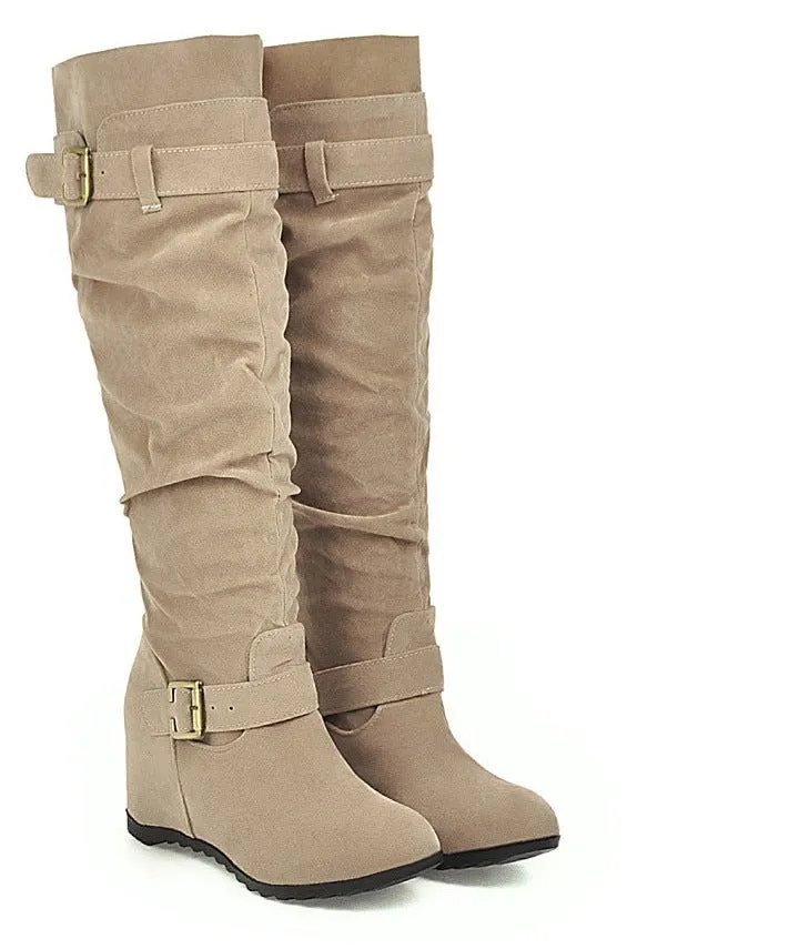 Faux suede slouch knee high boots with hidden wedge heels