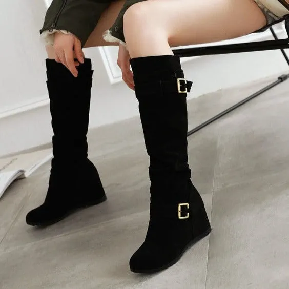 Faux suede slouch knee high boots with hidden wedge heels