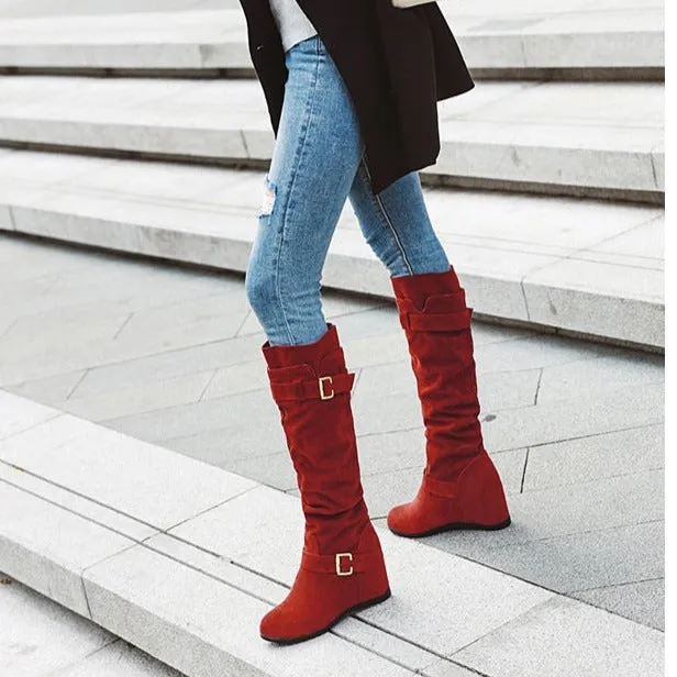 Faux suede slouch knee high boots with hidden wedge heels