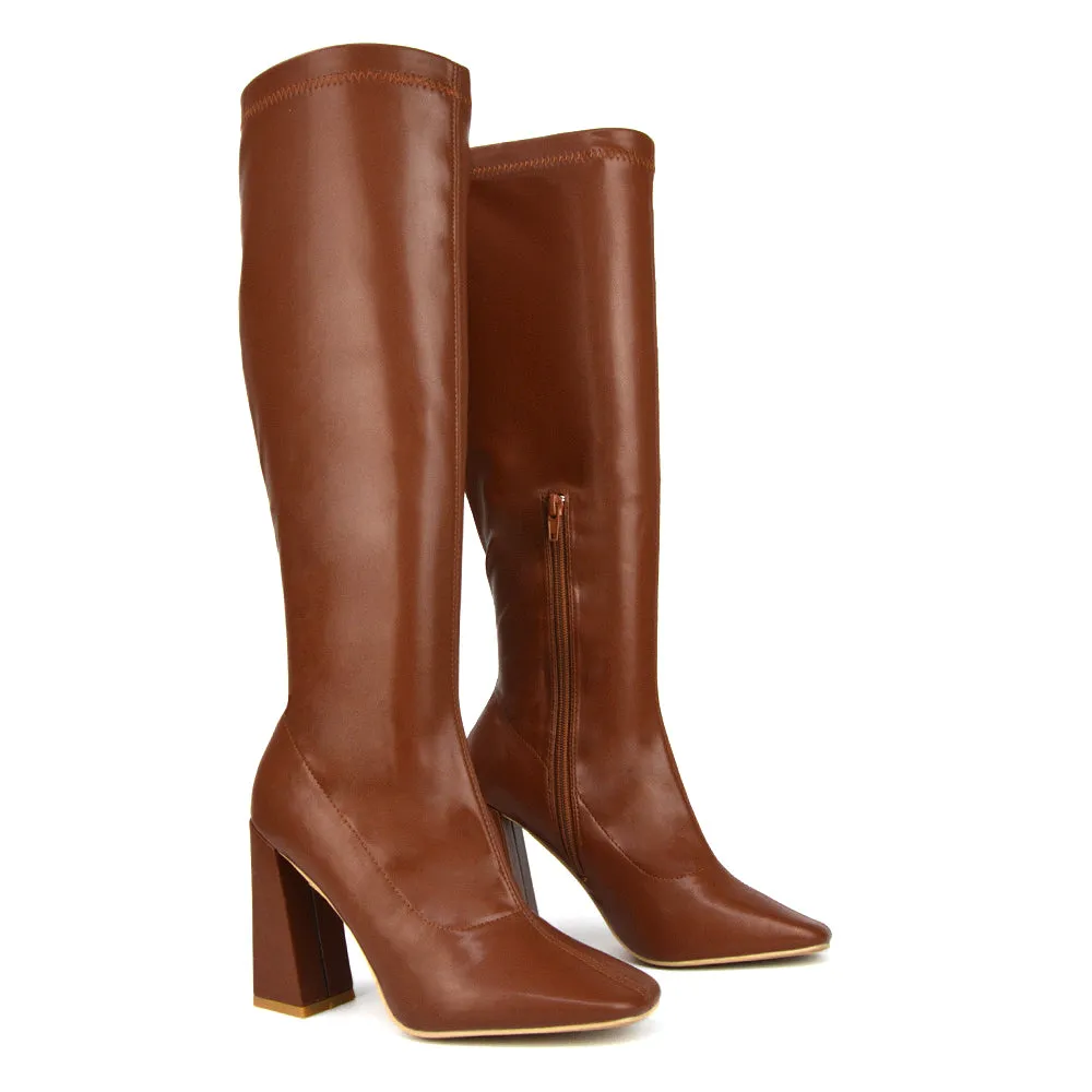 Gia Square Toe Block High Heel Knee High Boots in Brown Synthetic Leather