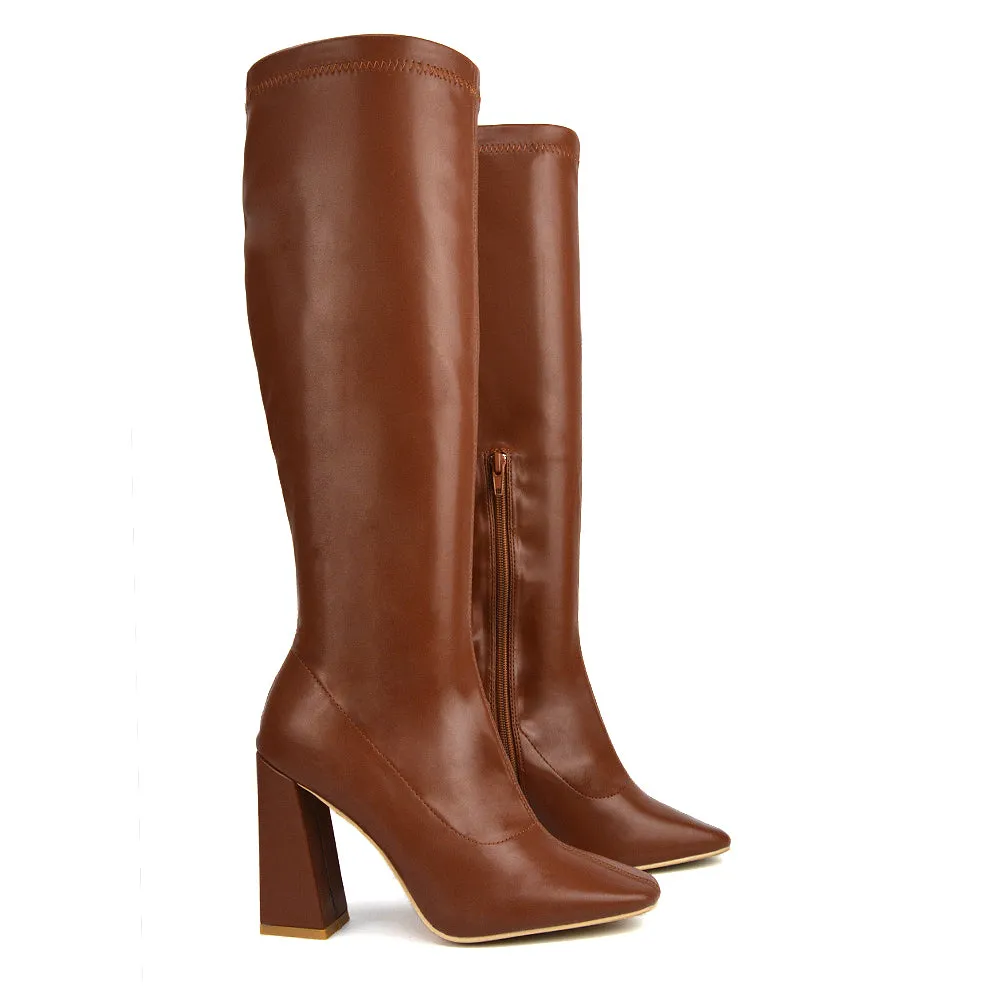 Gia Square Toe Block High Heel Knee High Boots in Brown Synthetic Leather