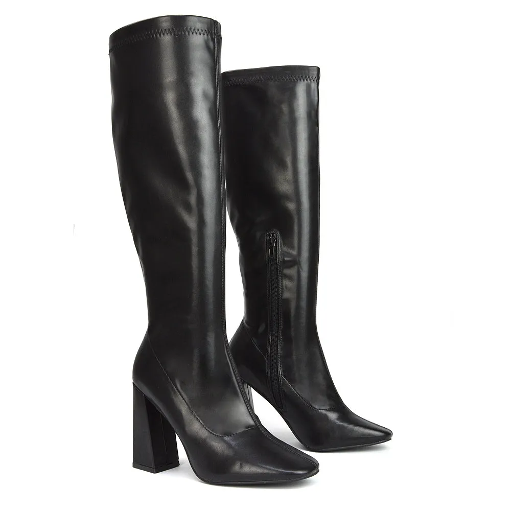 Gia Square Toe Block High Heel Knee High Boots in Brown Synthetic Leather