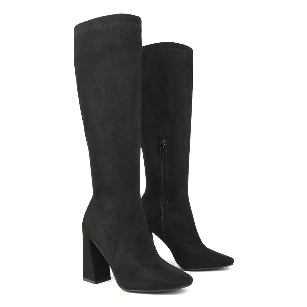 Gia Square Toe Block High Heel Knee High Boots in Brown Synthetic Leather