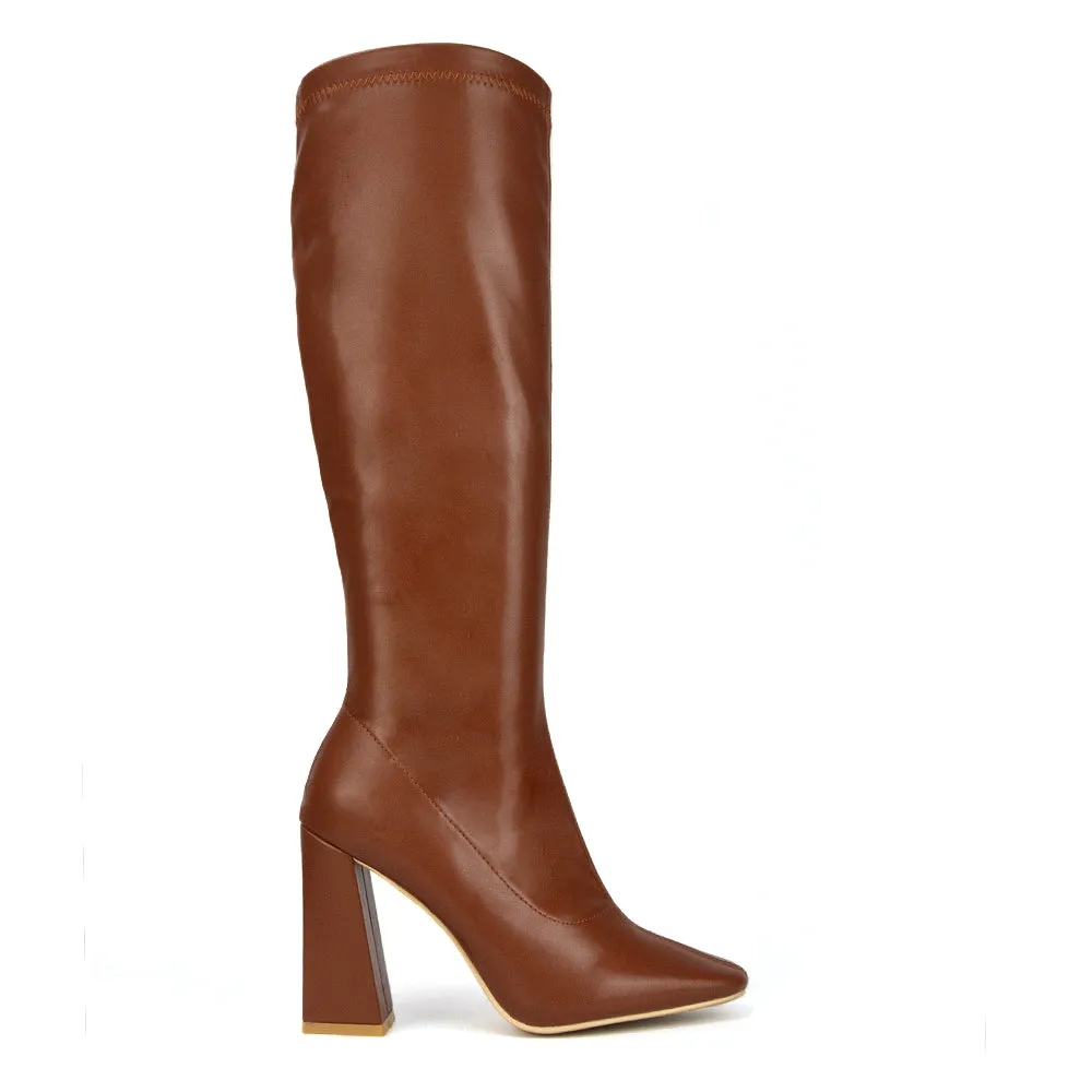 Gia Square Toe Block High Heel Knee High Boots in Brown Synthetic Leather