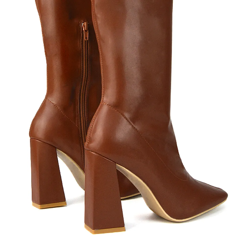 Gia Square Toe Block High Heel Knee High Boots in Brown Synthetic Leather