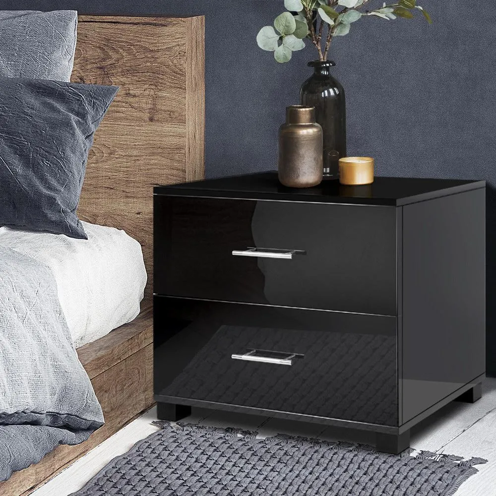 High Gloss Bedside Table With 2 Drawers Black