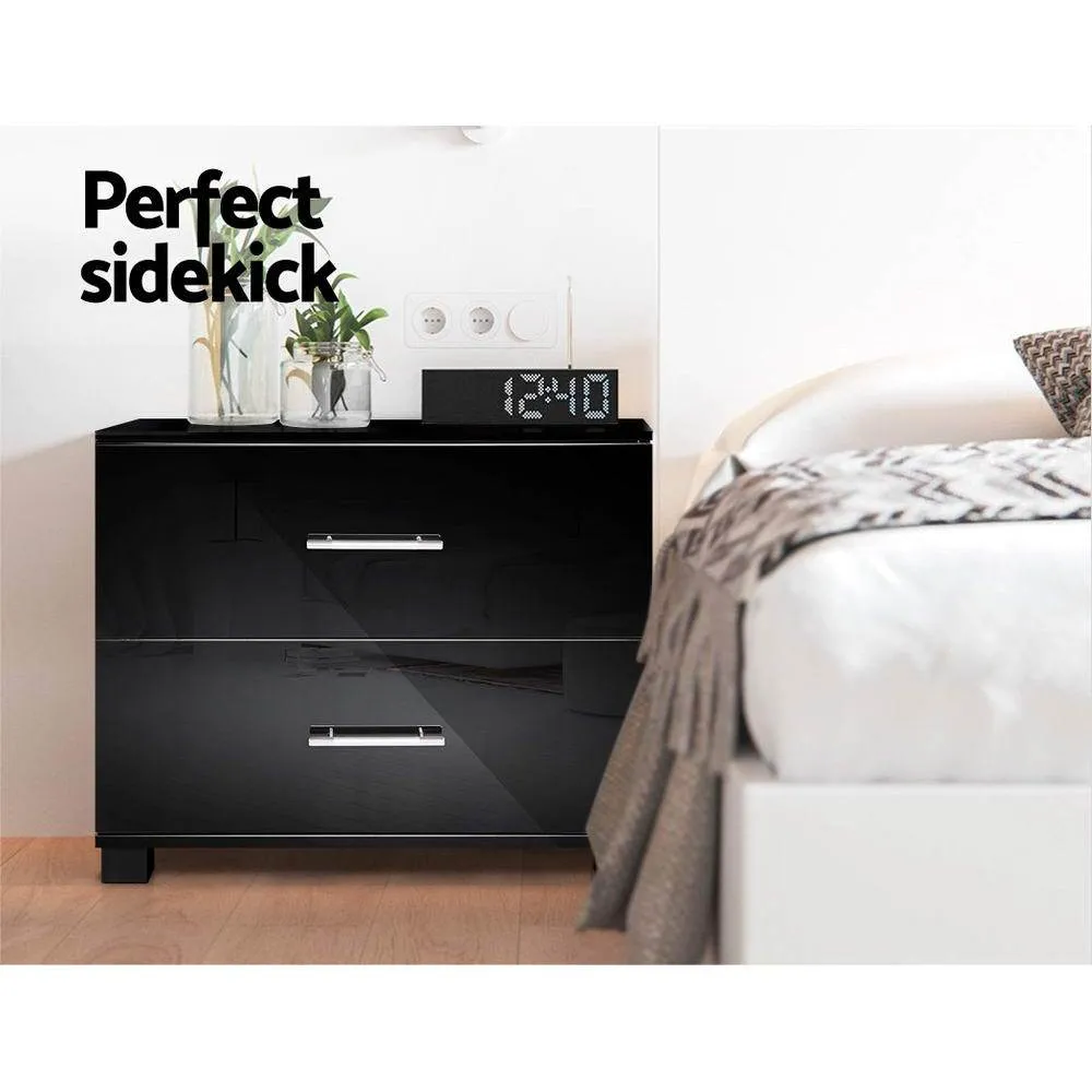 High Gloss Bedside Table With 2 Drawers Black