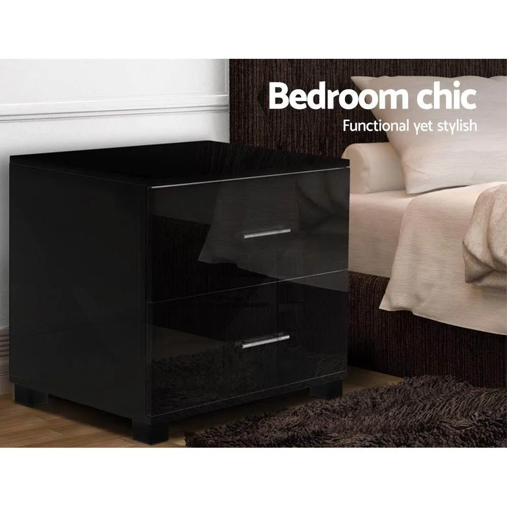 High Gloss Bedside Table With 2 Drawers Black