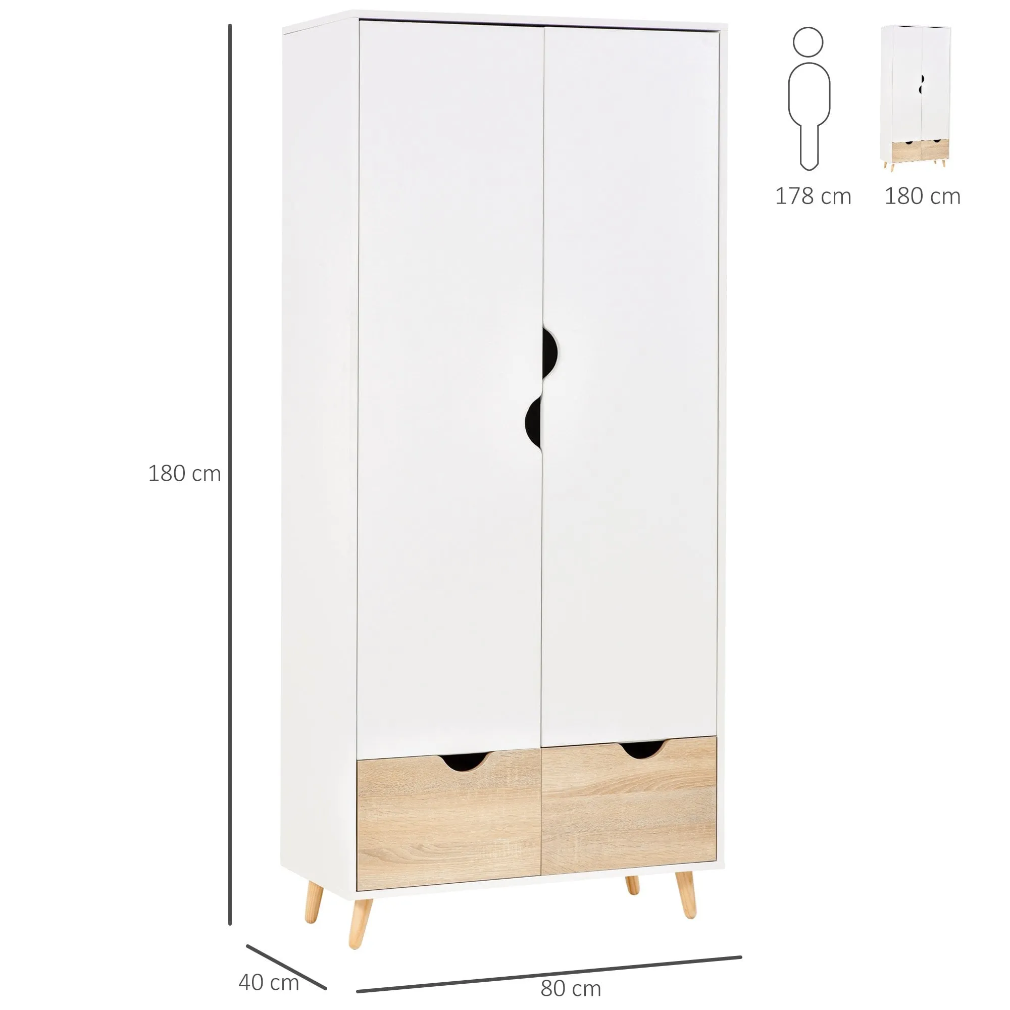 HOMCOM 2-Door Clothes Wardrobe w/ Rail Shelf 2 Drawers  White