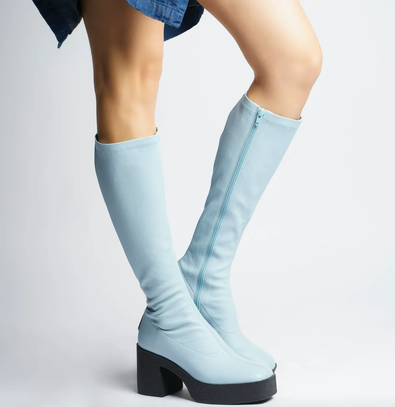 Izumi Pastel Blue Stretch Leather Chunky Boots