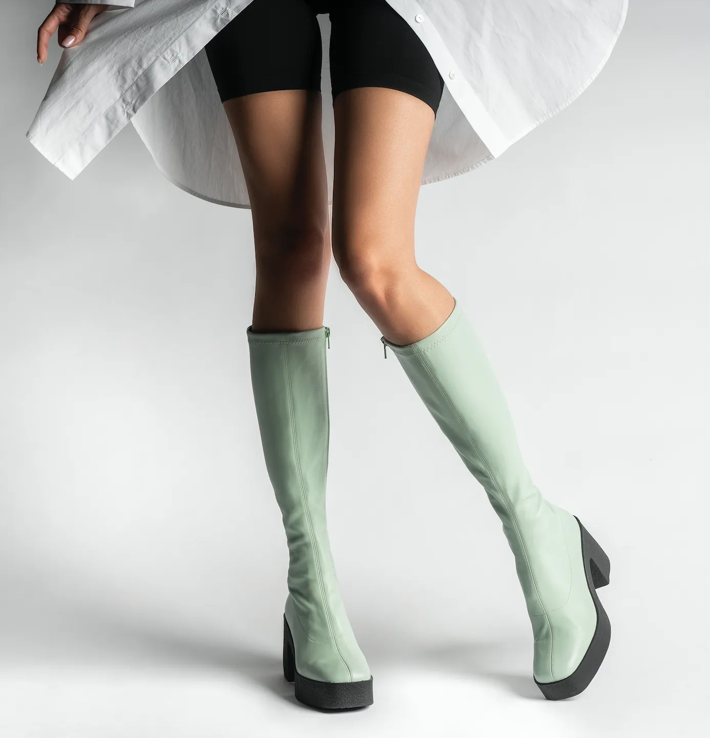 Izumi Pastel Green Stretch Leather Chunky Boots