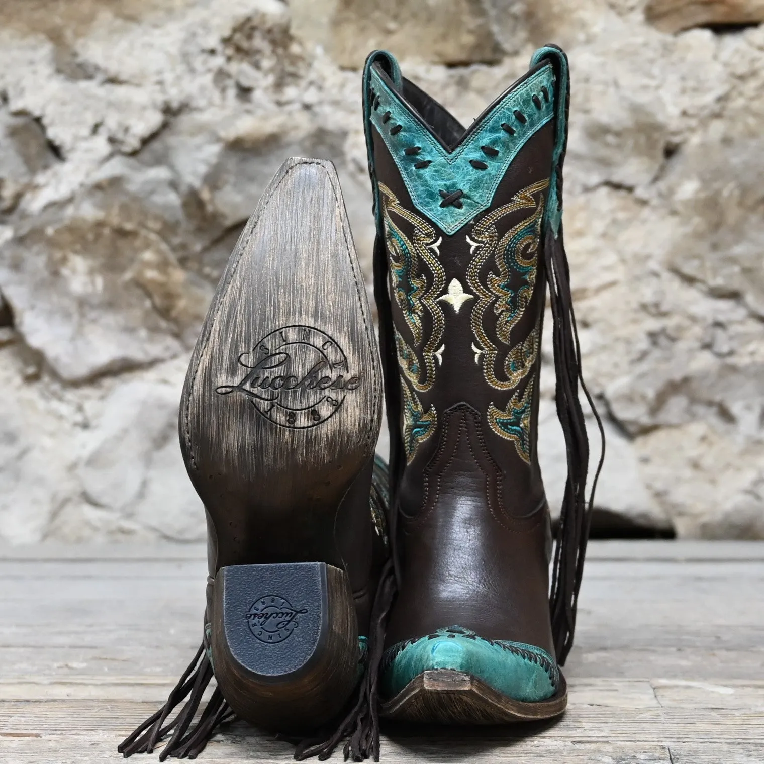 Lucchese Ladies 11" Leather Boots In Chocolate W/Powder Blue Toe Cap and Collar W/Buckstich and Tassel