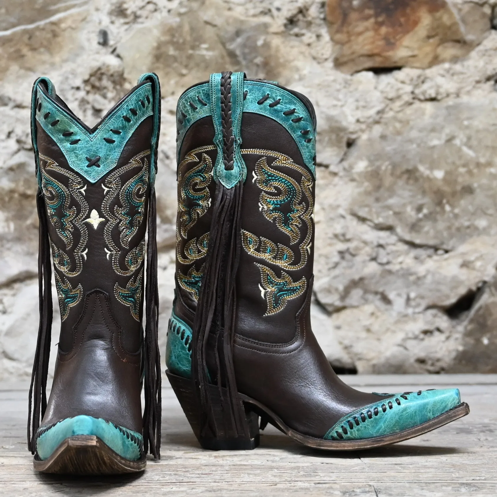 Lucchese Ladies 11" Leather Boots In Chocolate W/Powder Blue Toe Cap and Collar W/Buckstich and Tassel