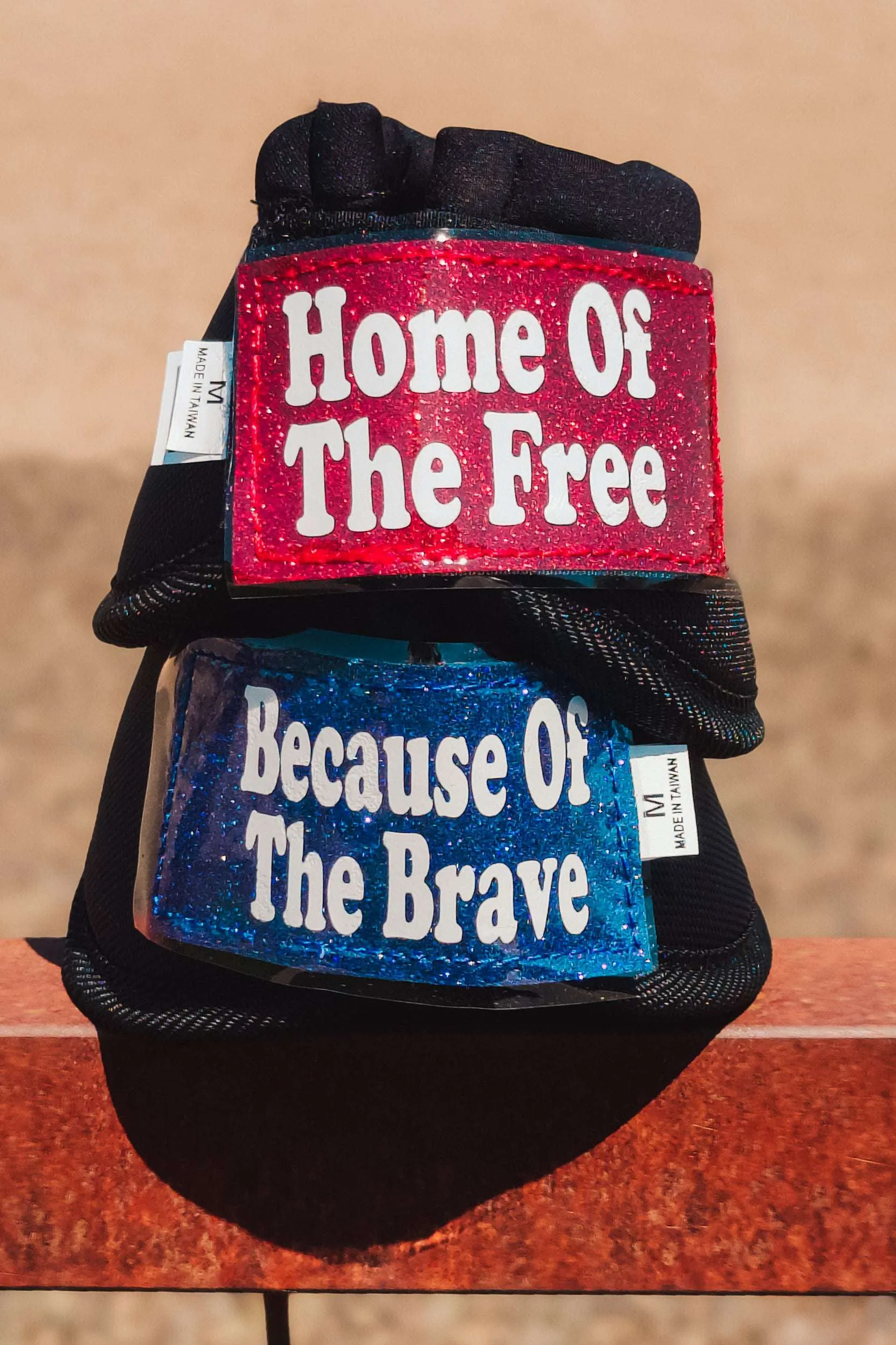 Medium "Home of The Free" Black Iconoclast Bells w/ Blue & Red Glitter Straps