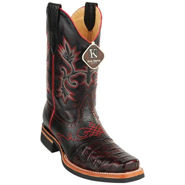 Men's King Exotic Caiman Square Toe Boots Rubber Sole & Saddle Vamp Black Cherry (48168218)