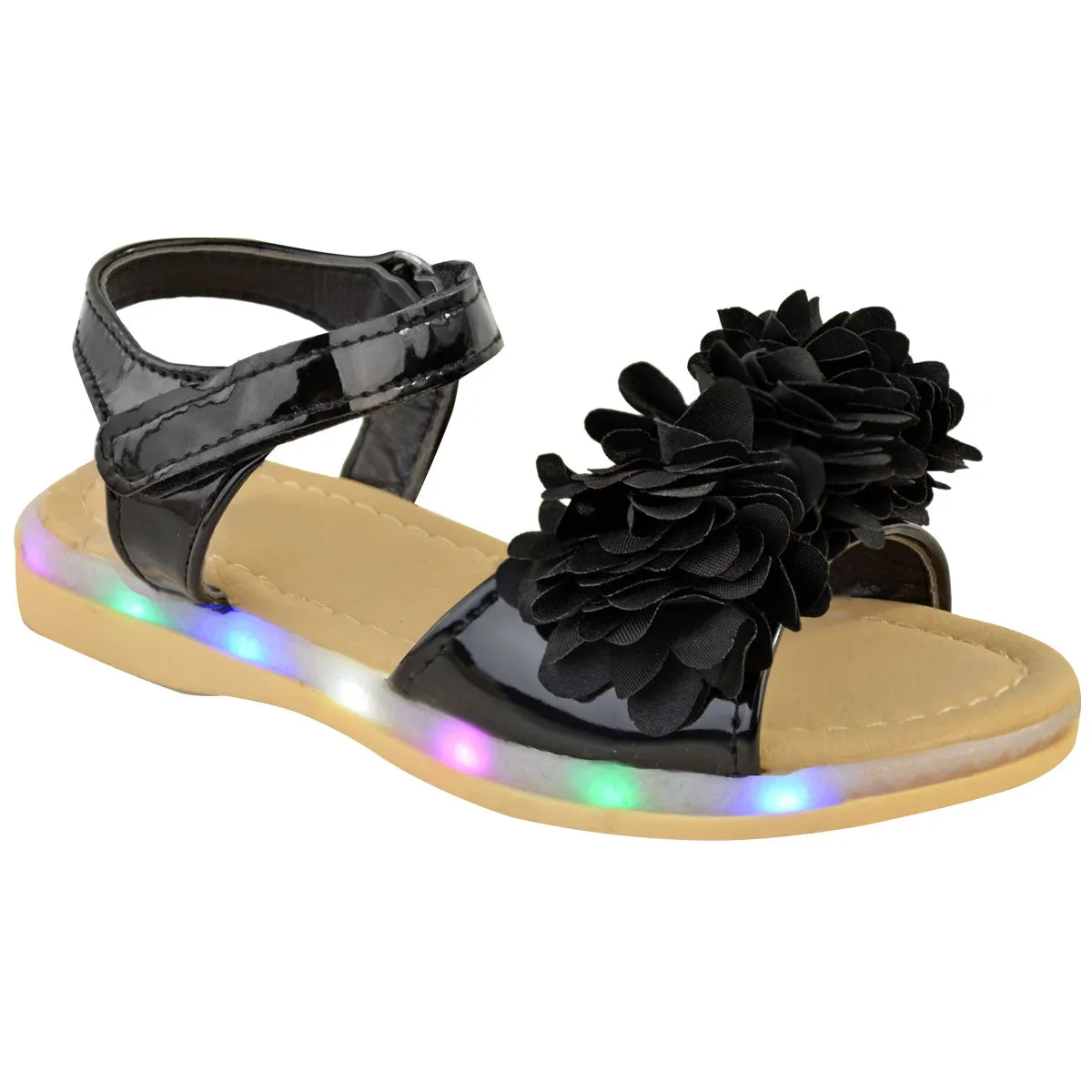 MIFFY KIDS FLATFORM LED LIGHT UP SANDALS WITH FASTENING STRAP IN BLACK PATENT FAUX LEATHER