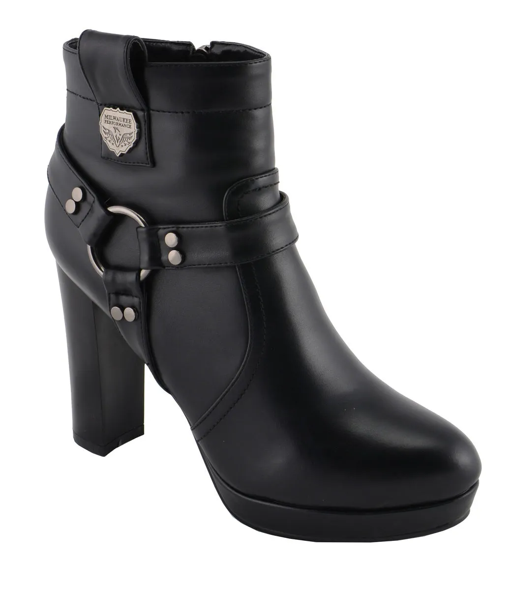 Milwaukee Leather MBL9432 Women's Black Harness Ankle Fashion Boots with Block Heel