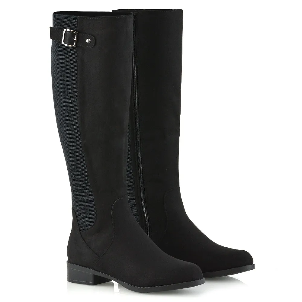 Molly Knee High Stretch Calf Flat Low Heel Zip Up Long Boots in Black Faux Suede