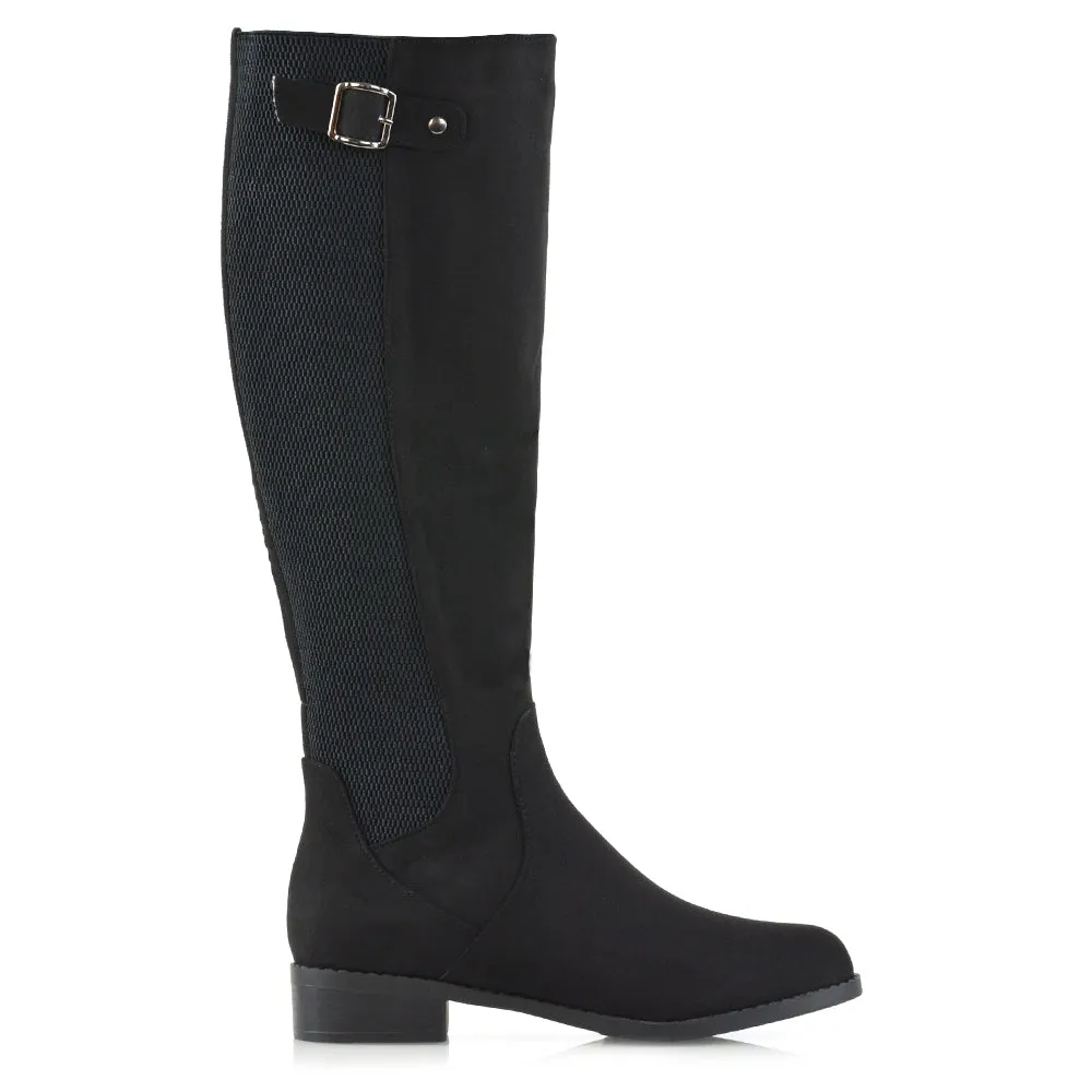 Molly Knee High Stretch Calf Flat Low Heel Zip Up Long Boots in Black Faux Suede