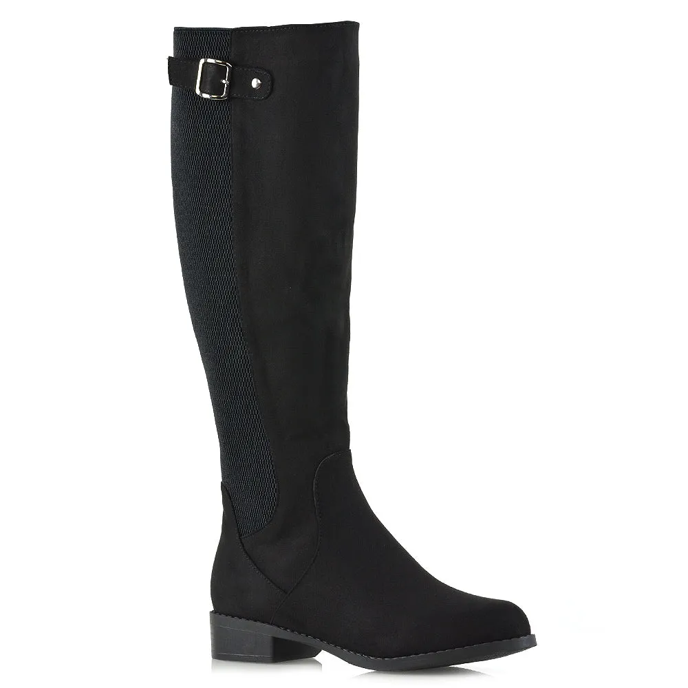 Molly Knee High Stretch Calf Flat Low Heel Zip Up Long Boots in Black Faux Suede