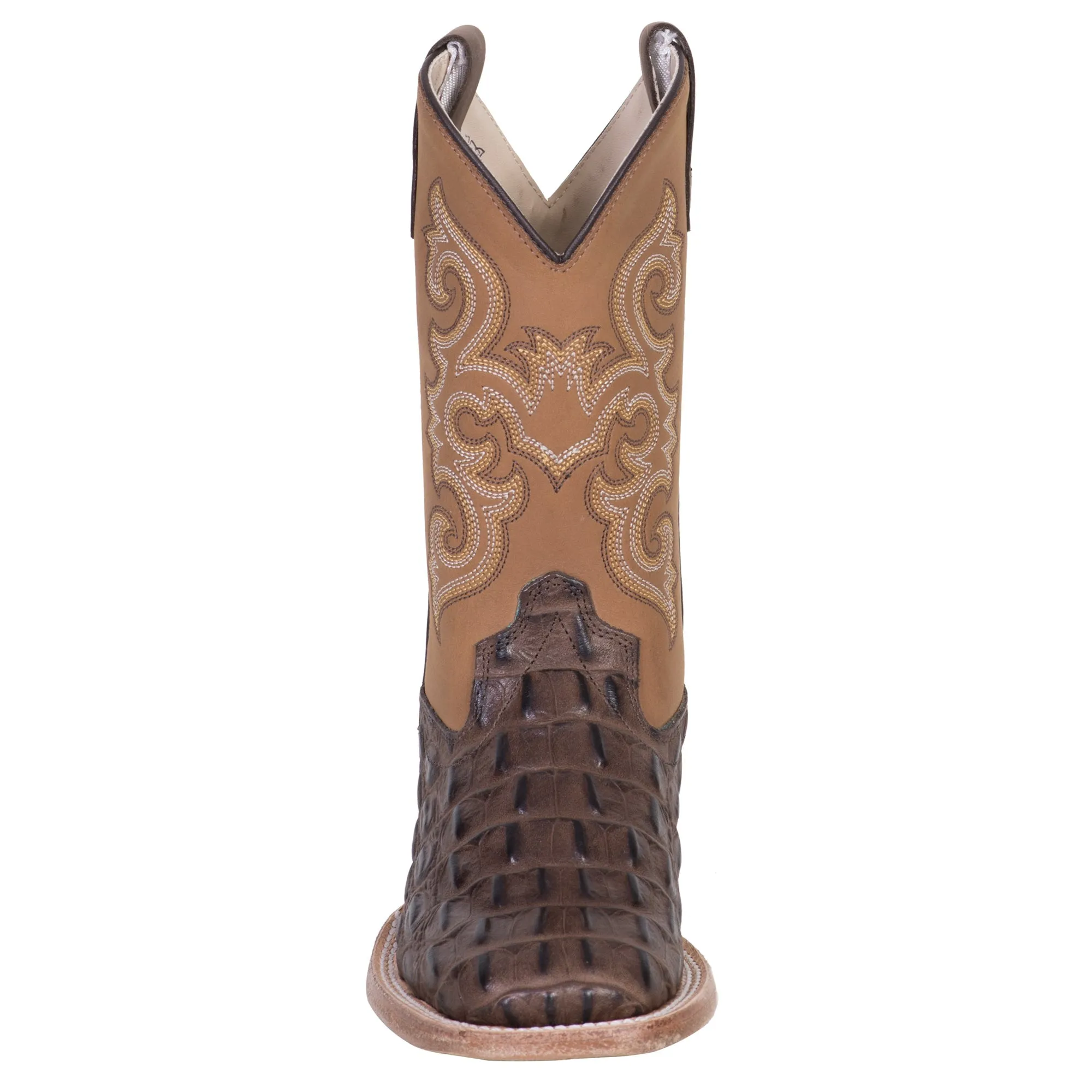 Old West Brown/Tan Kids Boys Leather Caiman Cowboy Boots