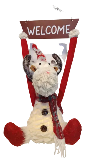 Plush Light Up Reindeer with Red Arms/Red Boots or Grey Arms/Grey Boots Holding Welcome Sign