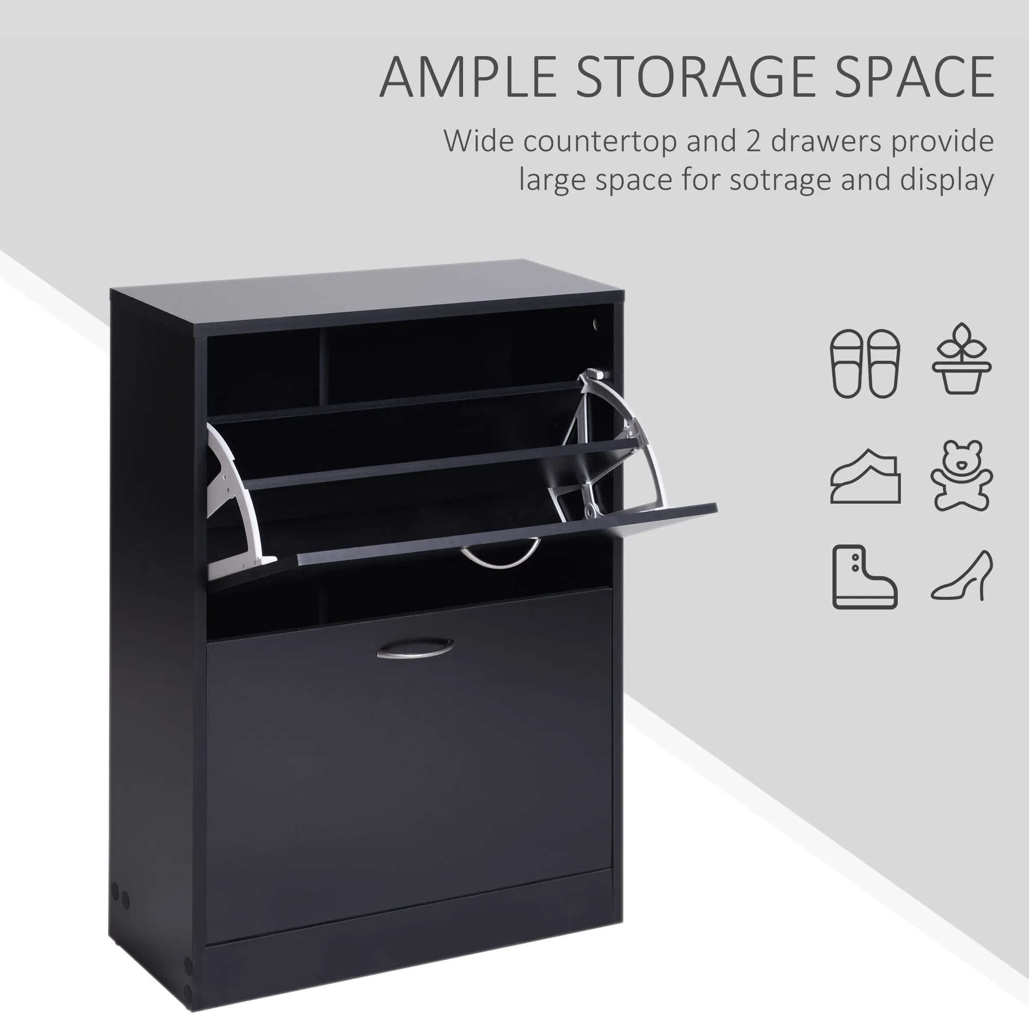 Shoe Cabinet Storage Cupboard 2-Tier Wood Tipping Bucket Modern Hall Organizer with Drawer Adjustable Shelf Large-Capacity Black