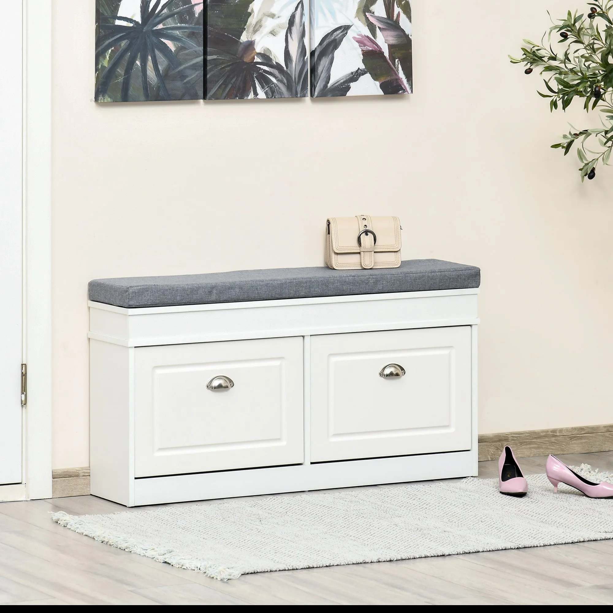 Shoe Storage Bench with Seat Cushion Hallway Cabinet Organizer with 2 Drawers Adjustable Shelf for Entryway Living Room Bedroom White