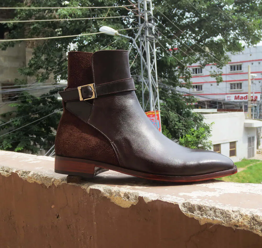 Stylish men's Handmade Leather & Suede Brown Jodhpur Buckle Boots