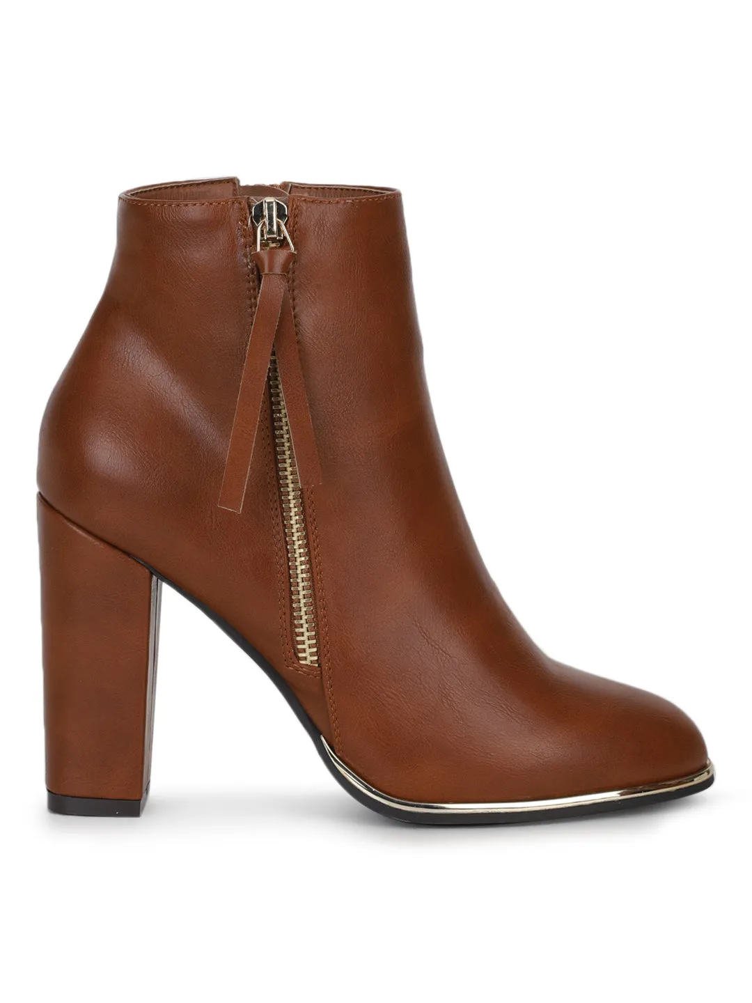 Tan PU Side Zipper Block Heel Ankle Boots