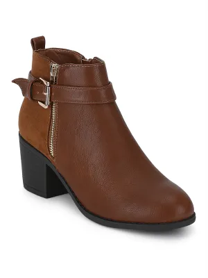 Tan PU Side Zipper Buckled Low Block Heel Ankle Length Boots