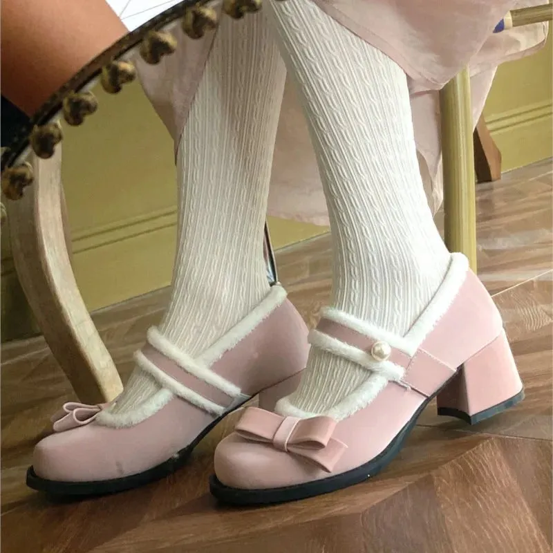 TAVIMART  -  Bow Mary Jane High Heels Women's Square Toe Fashionable Buckle Women's High Heels Comfortable Warm High Heels With Cotton