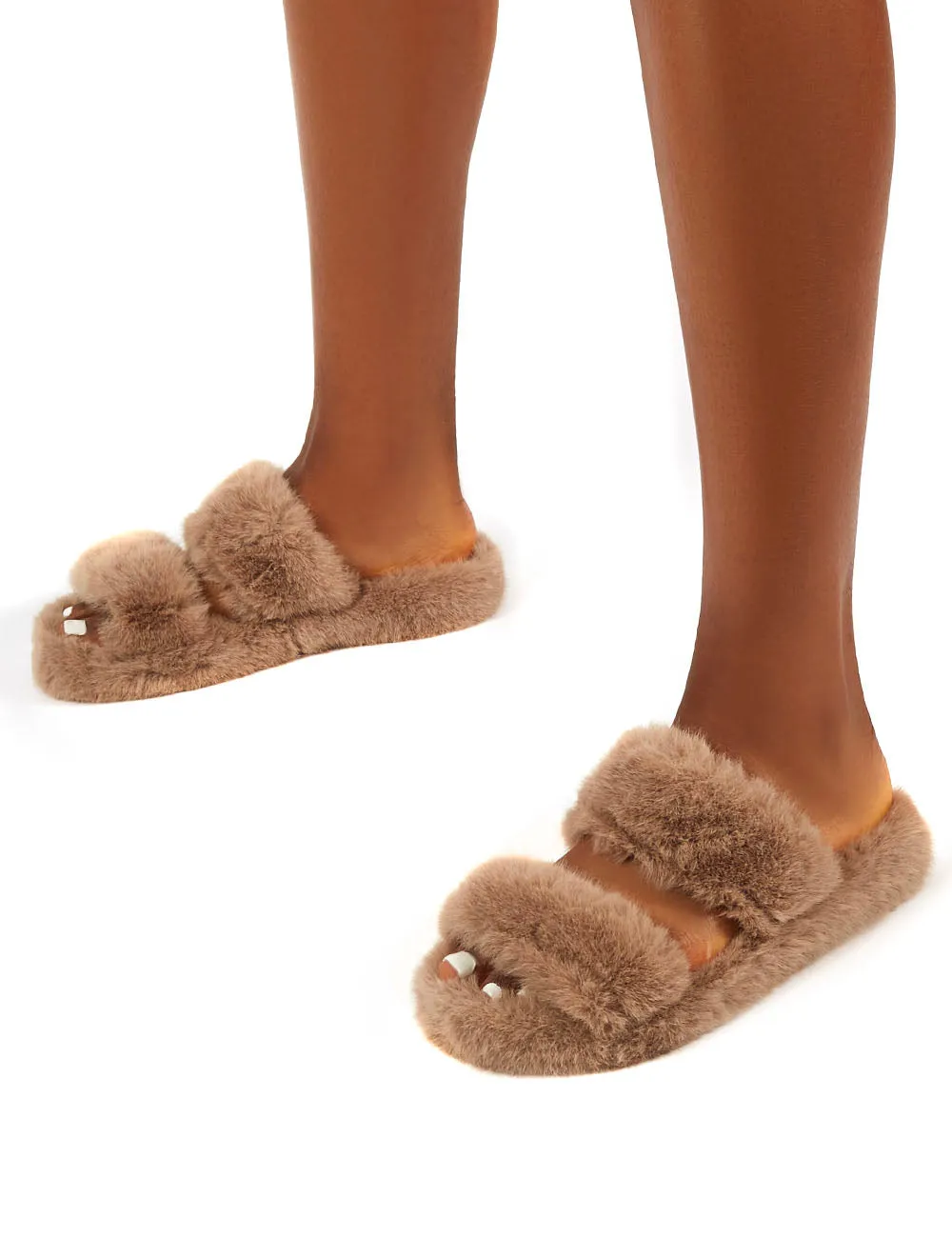 Teddi Tan Fluffy Double Strap Slider Faux Fur Slipper